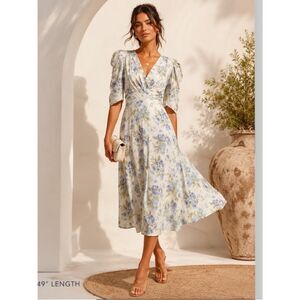 D’Ascoli Kati Floral Silk Midi Dress Puff Sleeve Ivory Blue Green Size M Cottage